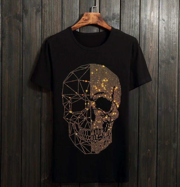 Summer Top Mens Skulls Rhinestones Slim Tee