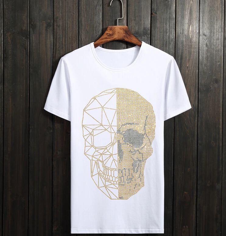 Summer Top Mens Skulls Rhinestones Slim Tee