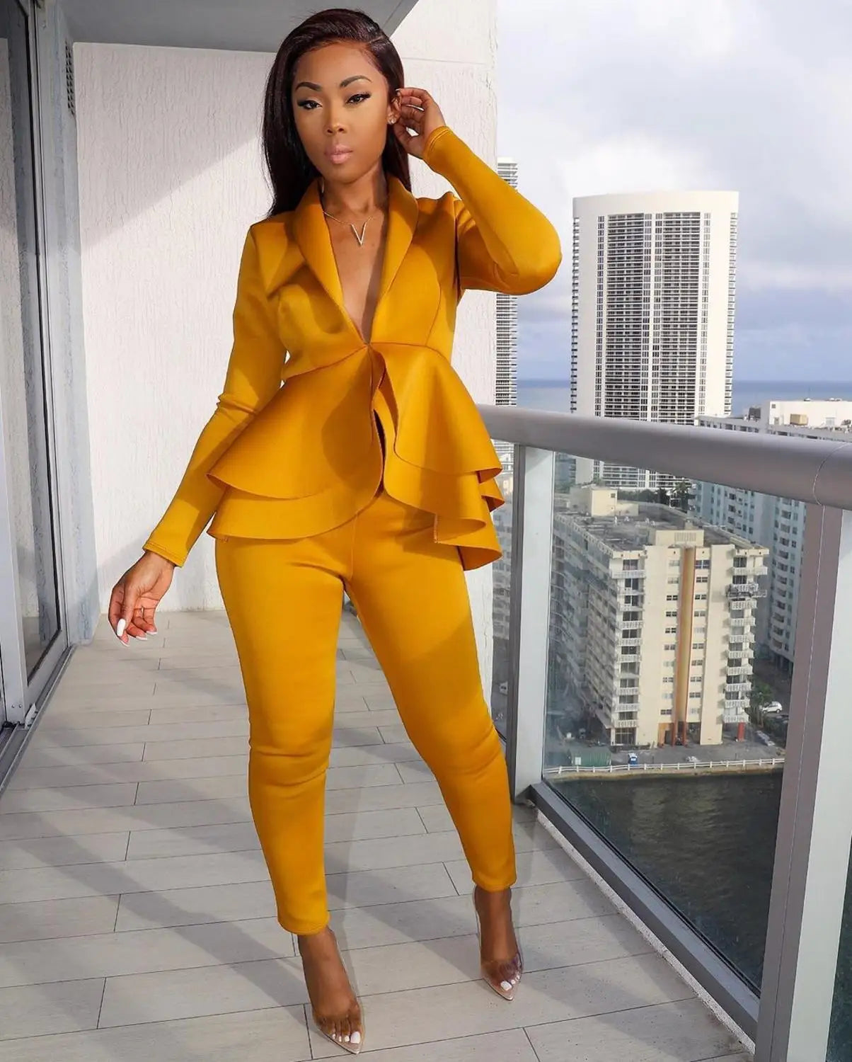 Women's Set Tracksuit Full Sleeve Ruffles Blazers Pencil Pants Suit