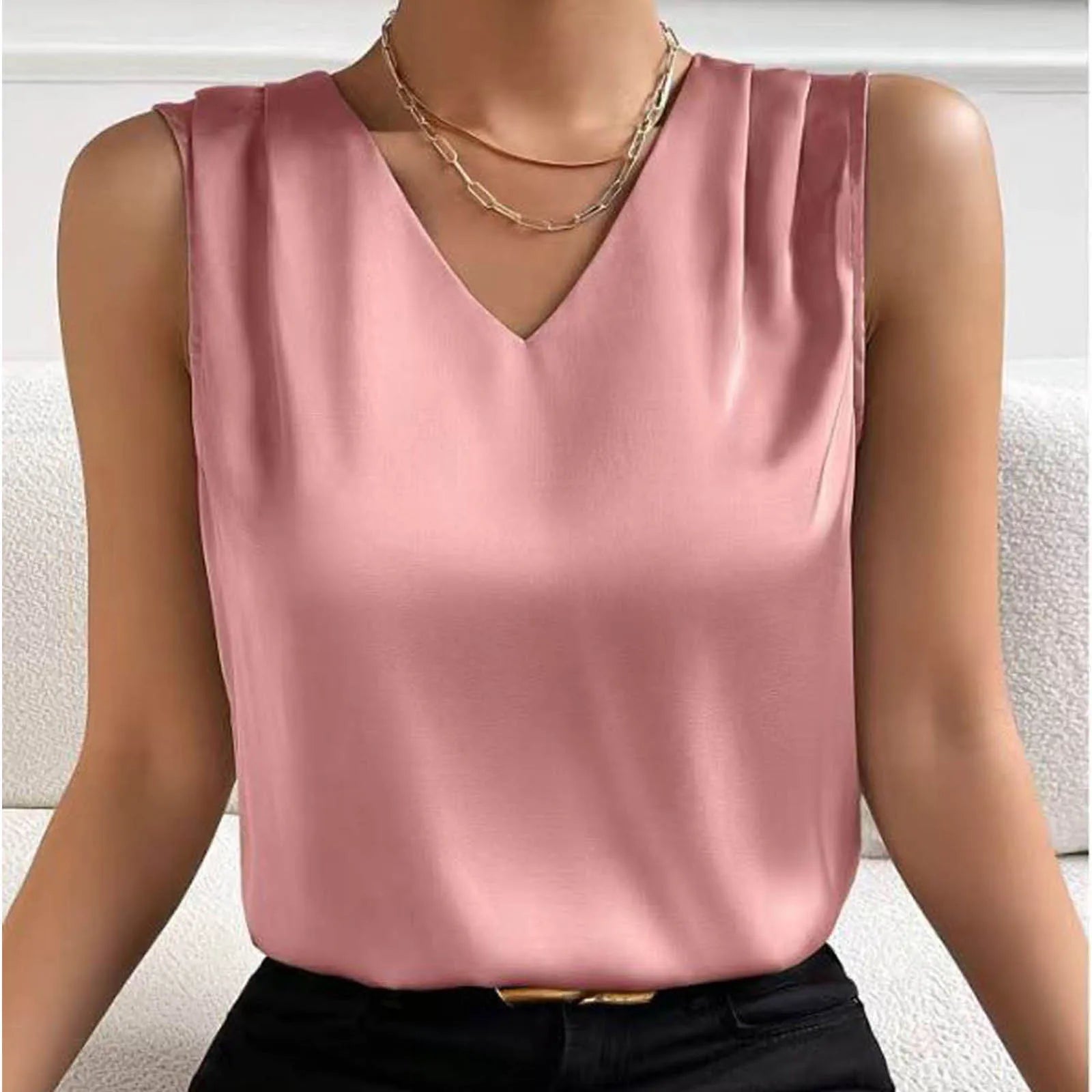 Women's Summer V-Neck Satin Sleeveless Top