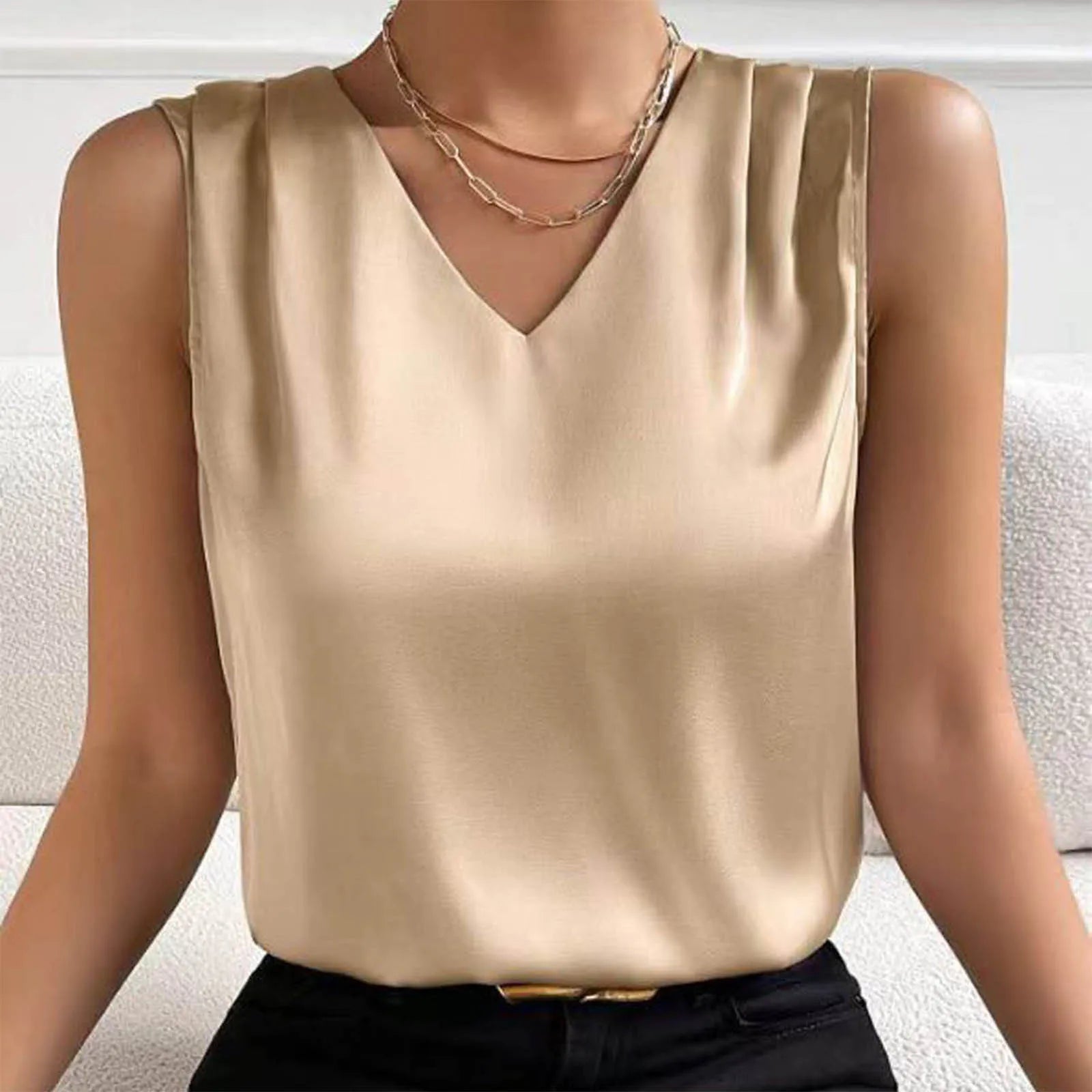 Women's Summer V-Neck Satin Sleeveless Top