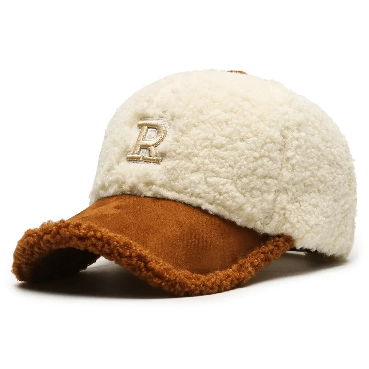 White Brown Letter Lambswool Baseball Cap