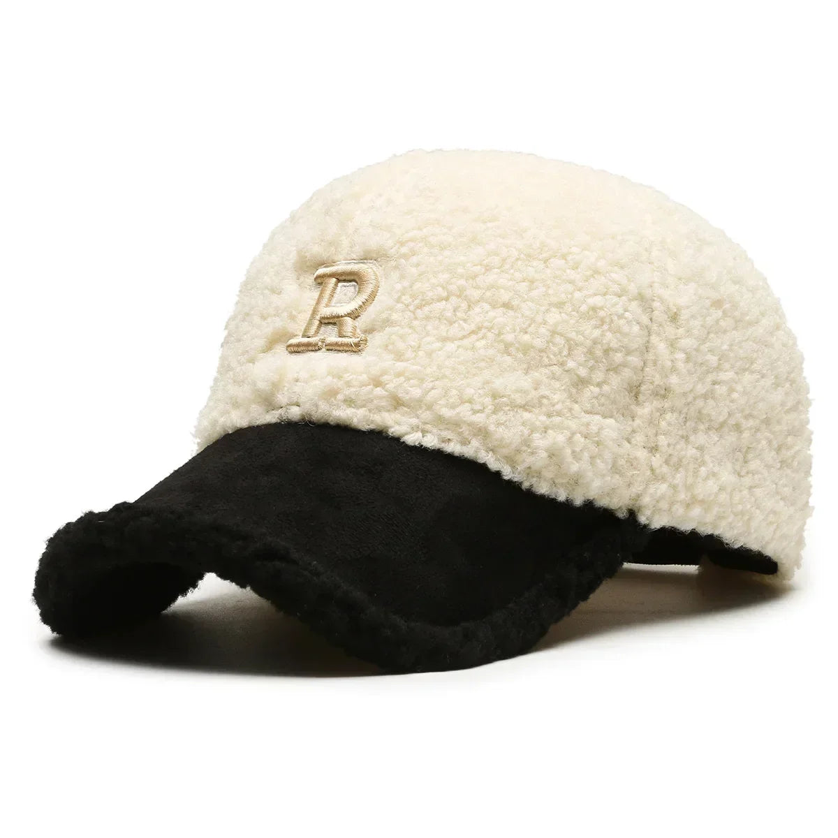 White Brown Letter Lambswool Baseball Cap